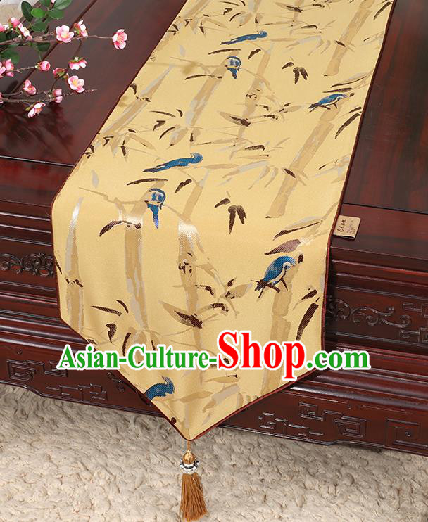 Chinese Classical Household Ornament Yellow Brocade Table Flag Traditional Handmade Bamboo Pattern Table Cloth