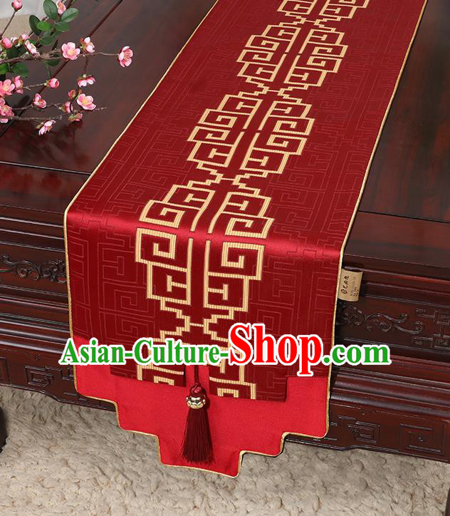 Chinese Classical Household Ornament Red Brocade Table Flag Traditional Handmade Jade Pendant Table Cover Cloth