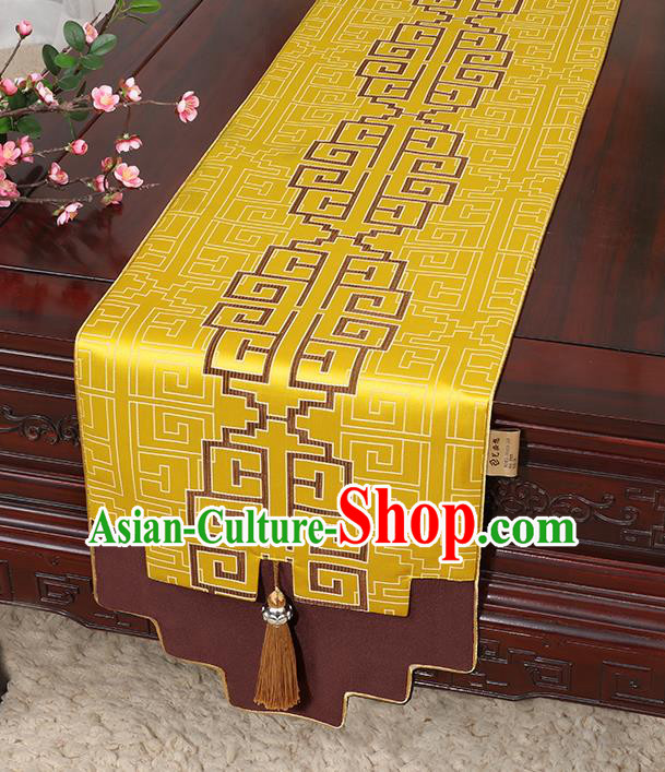 Chinese Classical Household Ornament Bright Yellow Brocade Table Flag Traditional Handmade Jade Pendant Table Cover Cloth