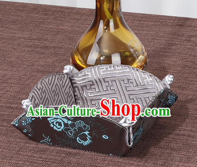 Chinese Traditional Household Accessories Classical Peony Pattern Brown Brocade Storage Box Candy Tray