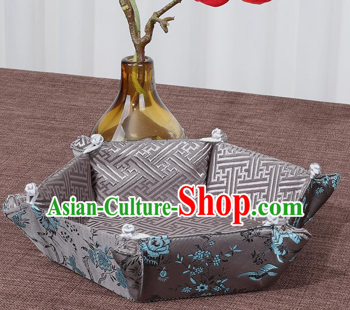 Chinese Traditional Household Accessories Classical Flowers Pattern Grey Brocade Storage Box Candy Tray