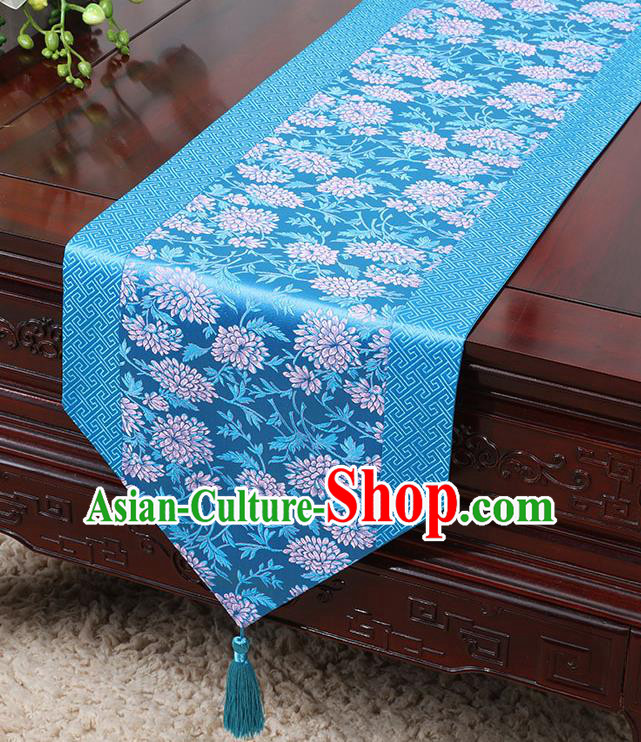 Chinese Traditional Table Cloth Classical Handmade Household Ornament Chrysanthemum Pattern Blue Brocade Table Flag