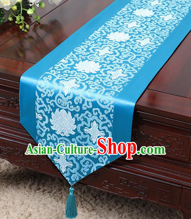 Chinese Traditional Table Cloth Classical Handmade Household Ornament Lotus Pattern Blue Brocade Table Flag