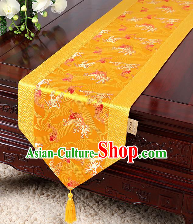 Chinese Traditional Table Cloth Classical Handmade Household Ornament Wave Pattern Golden Brocade Table Flag