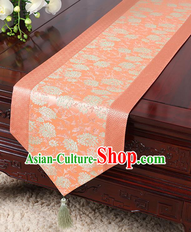 Chinese Traditional Table Cloth Classical Handmade Household Ornament Chrysanthemum Pattern Pink Brocade Table Flag