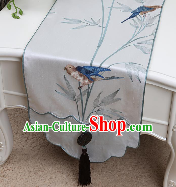Chinese Traditional White Brocade Table Cloth Classical Embroidered Birds Pattern Household Ornament Table Flag