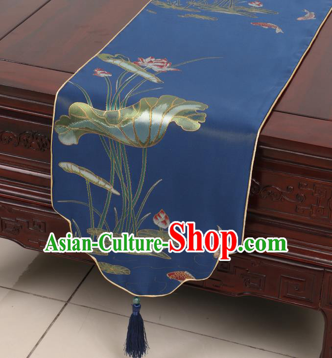 Chinese Traditional Lotus Pattern Blue Brocade Table Cloth Classical Satin Household Ornament Table Flag