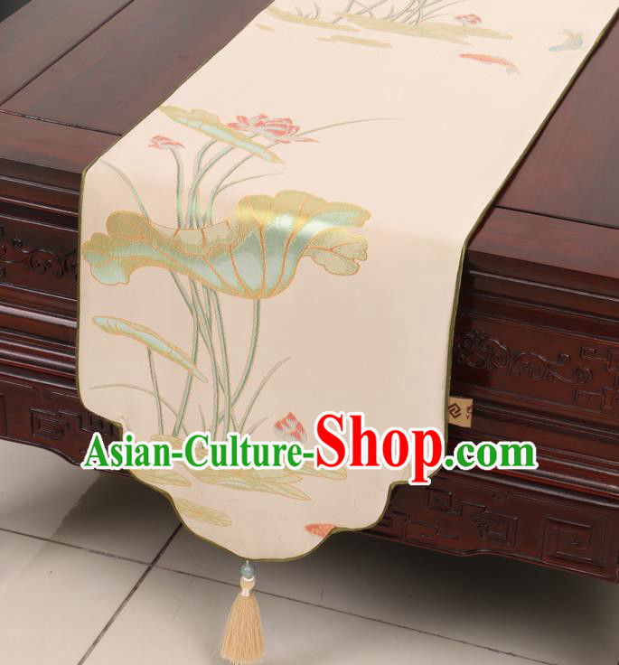 Chinese Traditional Lotus Pattern Beige Brocade Table Cloth Classical Satin Household Ornament Table Flag