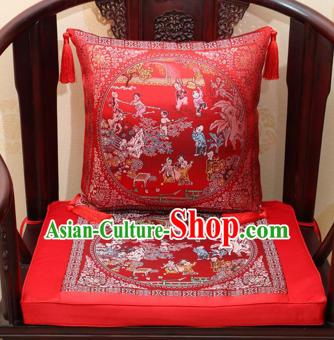 Chinese Classical Household Ornament Traditional Children Pattern Red Brocade Cushion Cover and Armchair Mat Cover