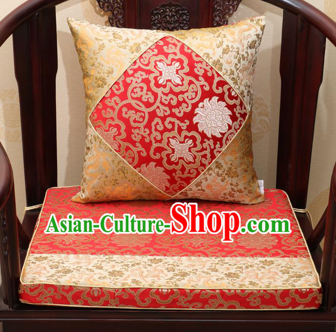 Chinese Classical Household Ornament Traditional Chrysanthemum Pattern Red Brocade Cushion Cover and Armchair Mat Cover