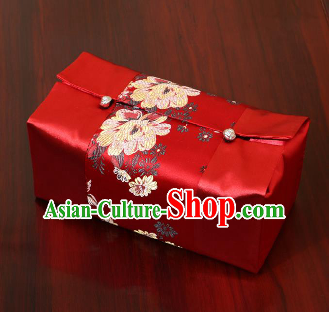 Chinese Traditional Household Accessories Classical Peony Pattern Red Brocade Paper Box Storage Box Cove