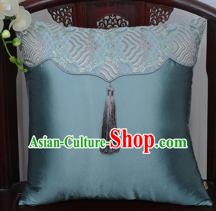 Chinese Traditional Pattern Blue Brocade Tassel Back Cushion Cover Classical Household Ornament