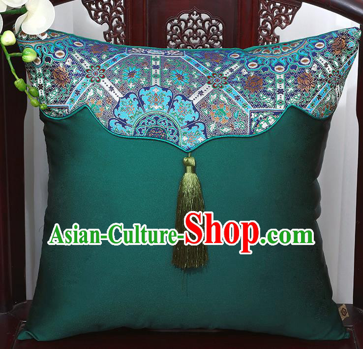 Chinese Traditional Pattern Atrovirens Brocade Tassel Back Cushion Cover Classical Household Ornament