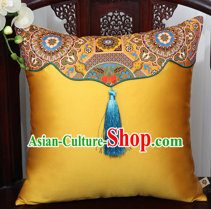 Chinese Traditional Pattern Golden Brocade Tassel Back Cushion Cover Classical Household Ornament