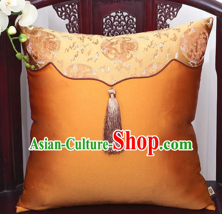 Chinese Traditional Dragons Pattern Golden Brocade Tassel Back Cushion Cover Classical Household Ornament