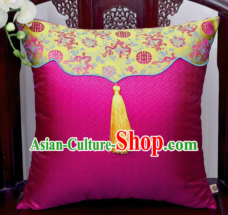 Chinese Traditional Dragons Pattern Rosy Brocade Tassel Back Cushion Cover Classical Household Ornament