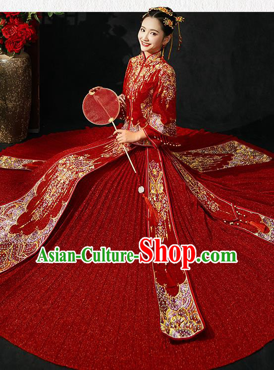 Chinese Traditional Wedding Costumes Red Xiuhe Suits Ancient Embroidered Bride Toast Full Dress for Women