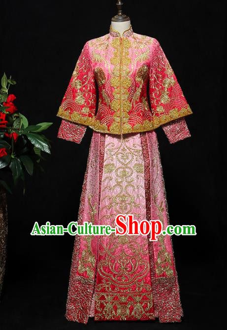 Chinese Traditional Bride Pink Xiuhe Suits Ancient Handmade Embroidered Wedding Costumes for Women