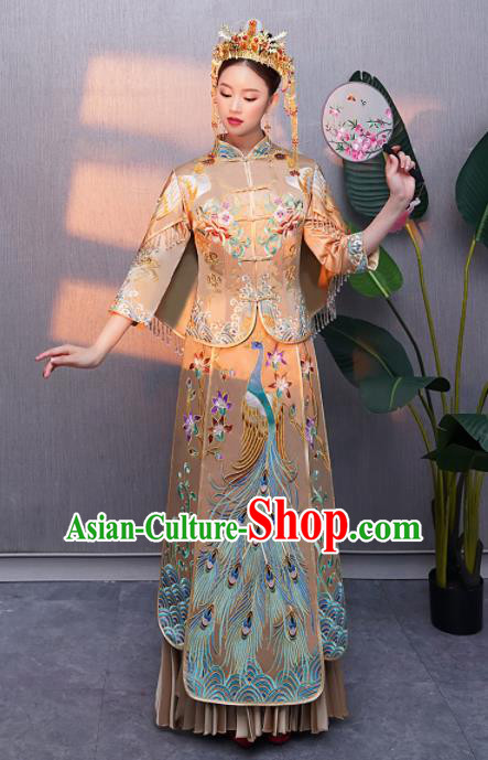 Chinese Traditional Bride Embroidered Peacock Xiuhe Suits Ancient Handmade Wedding Costumes for Women