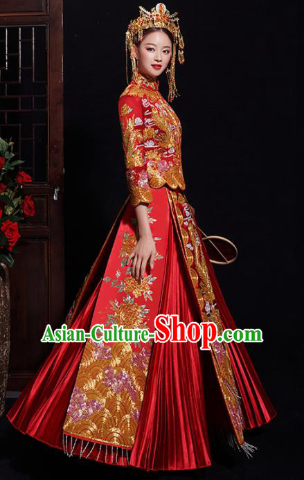 Chinese Traditional Bride Embroidered Red Xiuhe Suits Ancient Handmade Wedding Costumes for Women