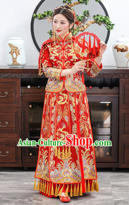 Chinese Traditional Bride Embroidered Dragons Xiuhe Suits Ancient Handmade Red Wedding Dresses for Women