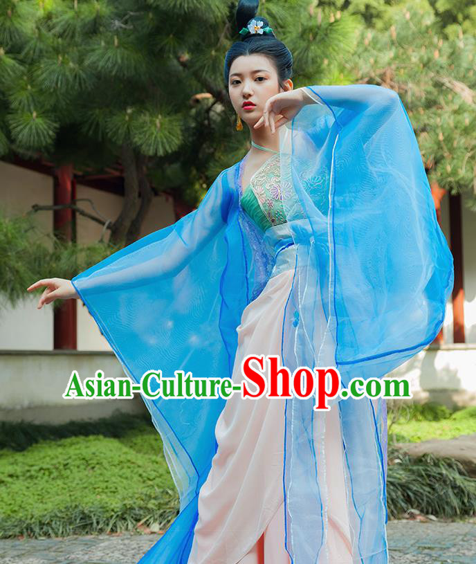 Traditional Chinese Tang Dynasty Palace Dancer Blue Hanfu Dress Ancient Drama Flying Peri Costumes for Women