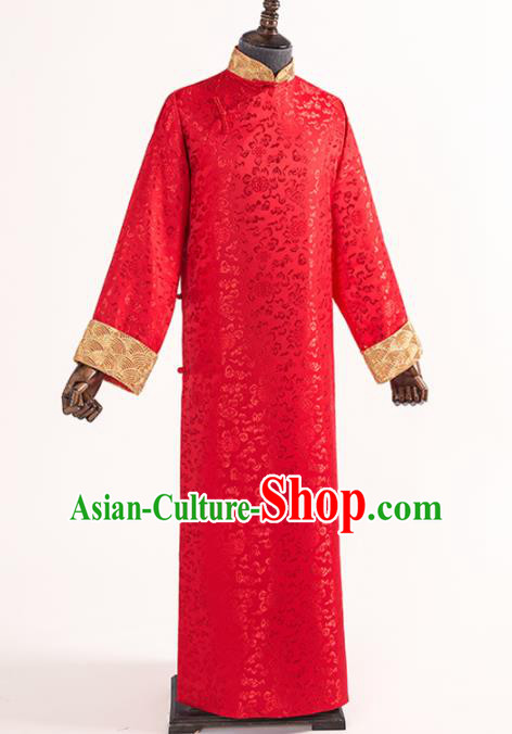 Chinese Traditional Wedding Red Silk Gown Ancient Bridegroom Embroidered Costumes for Men