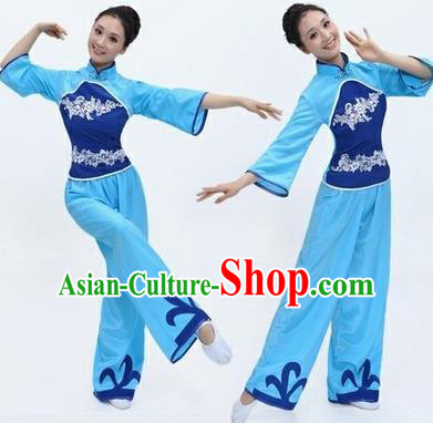 Chinese Traditional Folk Dance Costumes Yangko Dance Blue Clothing for Women
