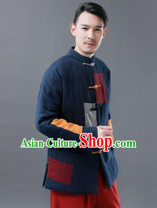 Chinese Traditional Tang Suits National Shirts Mandarin Navy Cotton Padded Jacket for Men