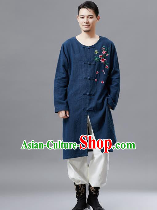 Chinese Traditional Costume Tang Suit Navy Coat National Mandarin Gown Outer Garment for Men