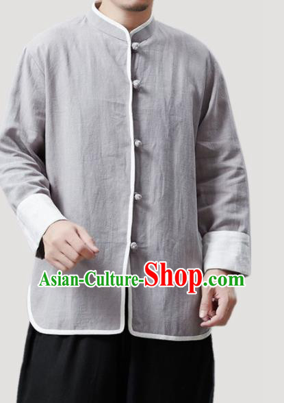 Chinese Traditional Costume Tang Suit Grey Shirts National Mandarin Outer Garment for Men