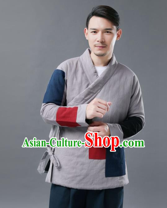 Chinese Traditional Costume Tang Suits Cotton Padded Jacket National Grey Mandarin Shirt for Men