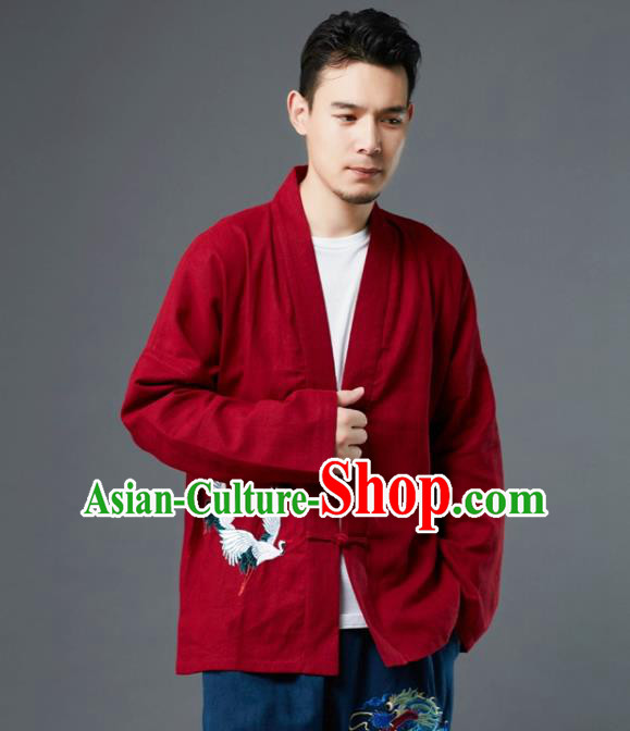 Chinese Traditional Costume Tang Suit Embroidered Cranes Red Shirts National Mandarin Jacket for Men