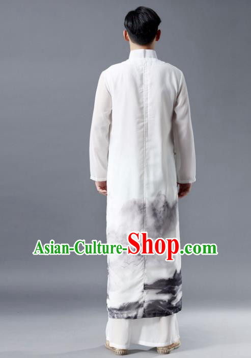 Chinese Traditional Costume Tang Suit White Robe National Mandarin Gown for Men