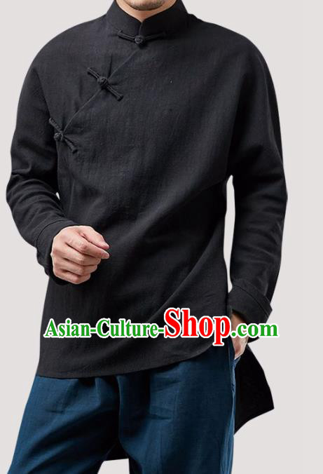 Chinese Traditional Costume Tang Suit Black Shirt National Mandarin Upper Outer Garment for Men