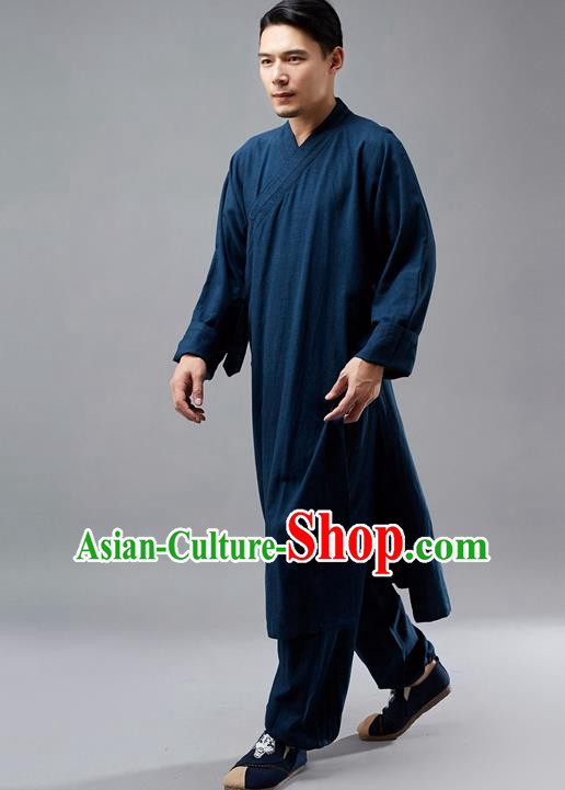 Chinese Traditional Costume Tang Suit Martial Arts Navy Robe National Mandarin Gown for Men