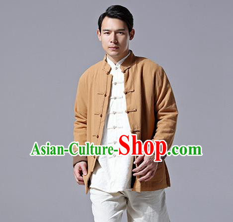 Chinese Traditional Costume Tang Suit Overcoat National Mandarin Khaki Jacket for Men