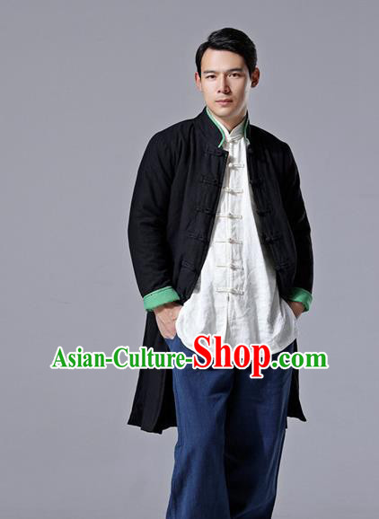 Chinese Traditional Costume Tang Suit Black Overcoat National Mandarin Dust Coat for Men