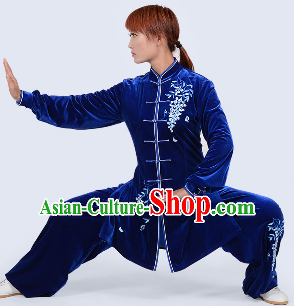 Deep Blue Top Winter Wear Velvet Asian Embroidered Tai Chi Clothing Martial Arts Dresses Complete Set for Women