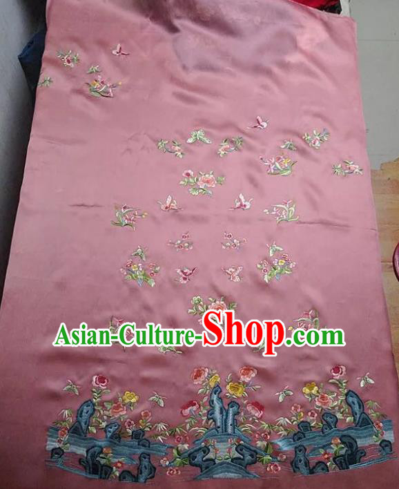 Chinese Traditional Handmade Embroidery Craft Embroidered Butterfly Peony Cloth Patches Embroidering Pink Silk Piece