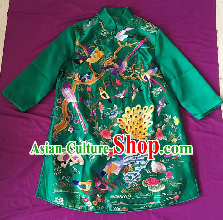 Chinese Traditional Costume Tang Suit Embroidered Green Qipao National Silk Cheongsam for Women