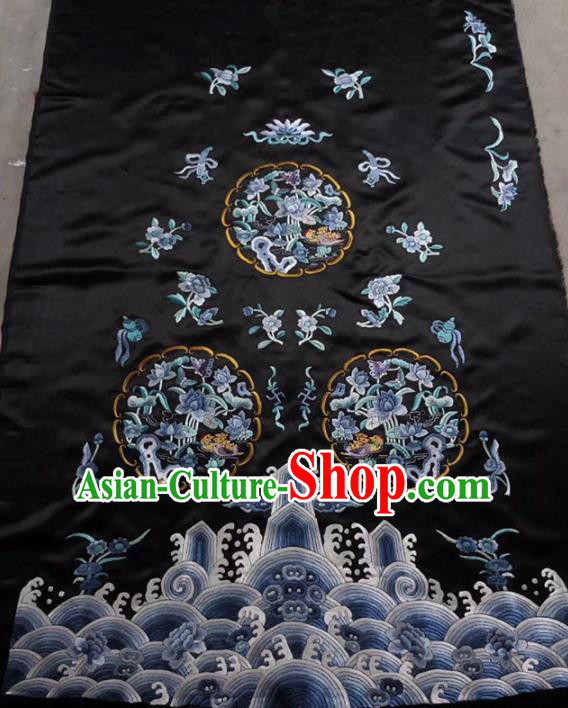 Chinese Traditional Handmade Embroidery Craft Embroidered Peony Cloth Patches Embroidering Black Silk Piece