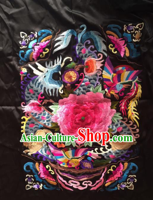 Chinese Traditional Handmade Embroidery Craft Embroidered Dragon Peony Black Silk Patches