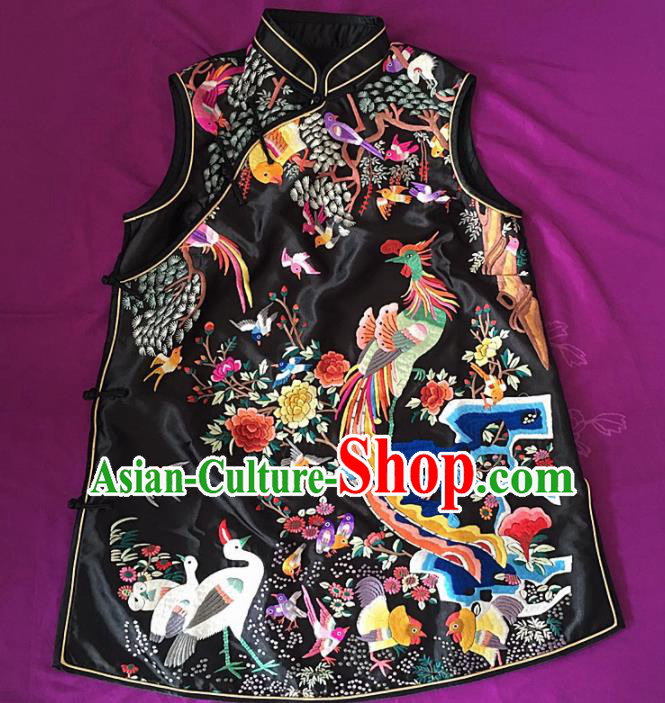Chinese Traditional Costume Tang Suit Embroidered Phoenix Black Vest Silk Waistcoat for Women