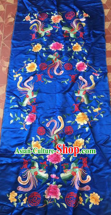 Chinese Traditional Handmade Embroidery Craft Embroidered Royalblue Cloth Patches Embroidering Phoenix Peony Silk Piece