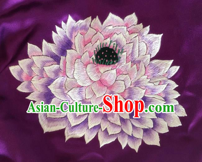 Asian Chinese Traditional Embroidered Lotus Purple Silk Patches Handmade Embroidery Craft