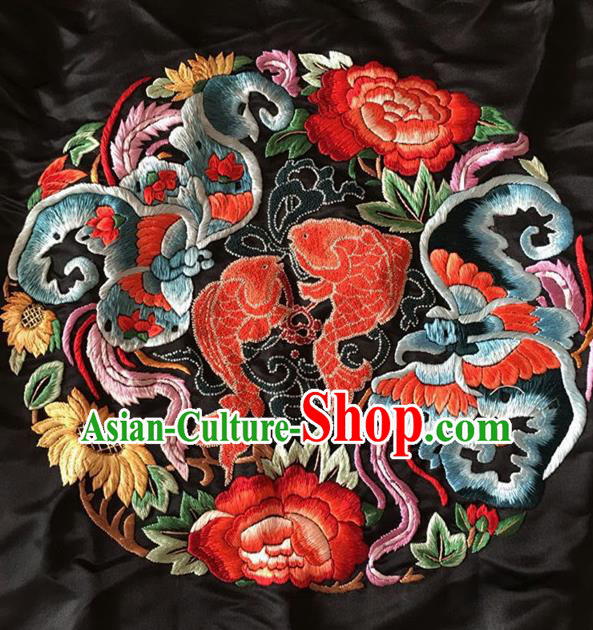 Chinese Traditional Embroidered Fishes Peony Cloth Patches Handmade Embroidery Craft Silk Fabric