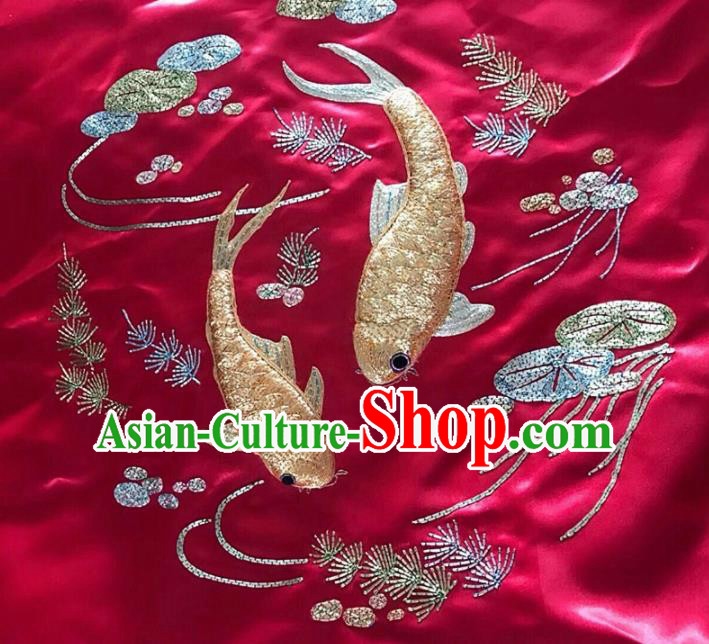 Chinese Traditional Embroidered Golden Fishes Cloth Patches Handmade Embroidery Craft Silk Fabric