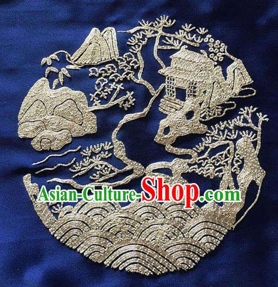 Chinese Traditional Embroidered Navy Cloth Patches Handmade Embroidery Craft Silk Fabric