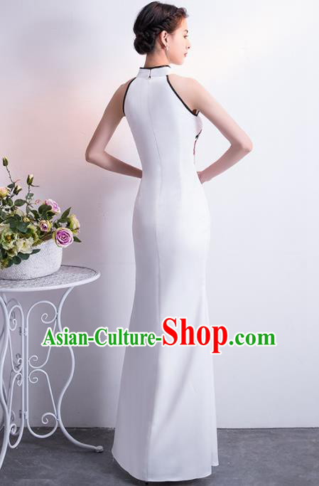 Chinese Traditional White Cheongsam Qipao Dress Elegant Compere Full Dress for Women